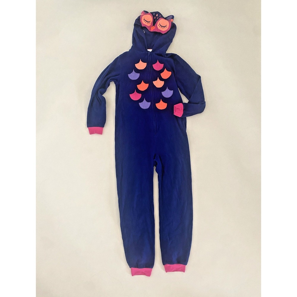 Cat & Jack One Piece Owl Pajama Girls Size 10 / 12 Open Feet Zip Up Purple Pink